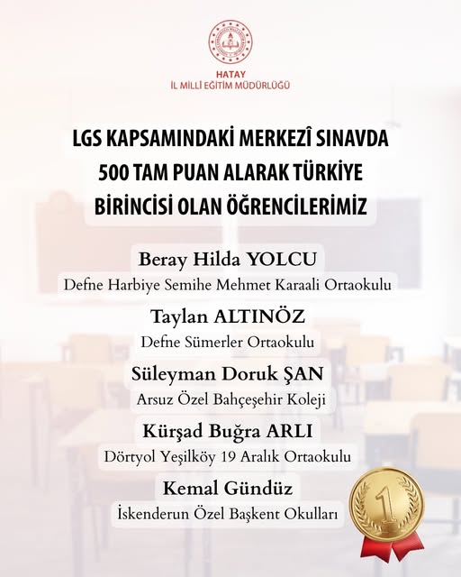 HATAYLI 5 ÖĞRENCİ LGS’DE TÜRKİYE BİRİNCİSİ OLDU